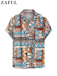 Shirts for Men Tribal Print Ethnic Blouses Summer Streetwear Shirt Lapel Vacation Short Sleeves Button UP Tops with Pocket