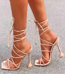 whnb 2021 New Summer Sexy Lace Up Women Sandals Square Toe Spike Heel Cross Tied Party Shoes High Heels Pumps G02095327449