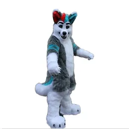 Costume della mascotte Nuovi costumi della mascotte di alta qualità Pelliccia lunga Furry Grey Wolf Husky Dog Fox Fursuit Mascot Fancy Party Dress Costumi di Halloween