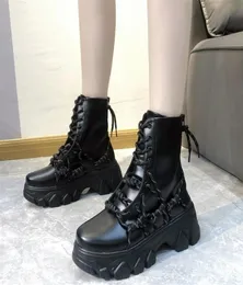 Rimocy Black Punk Style Platform Women Ankle Boots Fashion Cross Strap Chunky Heels Boots Woman Waterproof Pu Leather Shoes 2011045045198