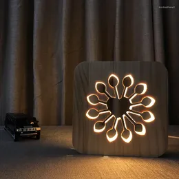 Table Lamps Flower Shape Wooden Lamp Led Crafted Light Solid Wood Hollow Carved Lamparas De Meca Para El Dormitorio