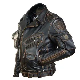 Autumn men black plus size genuine lapel collar multi pocket zipper jacquard slim leather jacket