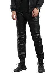 Calça tsingyi marca moto moto preto calças de couro faux homens jogadores corda cintura zíper de pocket streetwear slim lã as calças masculinas roupas