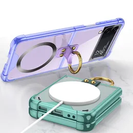 Luxury Magnetic Plating Clear Vogue Phone Case for Samsung Galaxy Folding Z Flip3 Flip4 5G Ring Holder Transparent Bracket Shell Supporting Wireless Charging