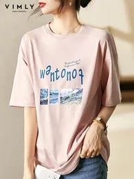 T-shirt Vimly Pembe Tshirt Kadınlar için 2022 Yaz Gevşek Casaul Oneck Kısa Kollu Mektup Baskı Üstleri Kore Gençlik Kadın Giyim V2809