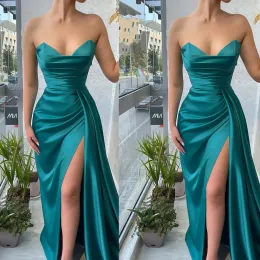 Бирюзовые синие платья для выпускного вечера Русалка с высоким разрезом из атласных складок длиной до пола с вырезом в форме сердца на заказ вечерние платья с рюшами Vestidos плюс размер