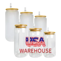 USA Warehouse 16oz Beer Glasses Can Shaped Frosted Clear Sublimation Blanks Tumblers Mason Jars Juice Cocktail Drinking Cups