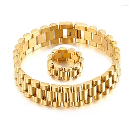Link Bracelets 15mm Miami Gold Plate Stainless Steel Strap Bracelet Ring For Men Women Hiphop Luxury Watch Chain Bangle Male Jewelry
