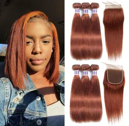 Brazilian Virgin Hair 3 Bundles with 4x4 Lace Closure 33 Auburn Red Color Silky Straight Human Hair Weave Bundles with Closure Pr4908743