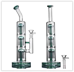 Green Triple Arm Tree Perc Recycler Glass Bong Smoking Pipe Pyrex Hand Pipe Dry Herb Handle Glass Recycler Dab Rig Hookah with Bow4919162