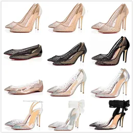 Zapatos de vestir Red High Kate Heels Bottom Luxury women pumps Crystal Woman High Heels Punta estrecha Remache Zapatos de boda Full Original P2751
