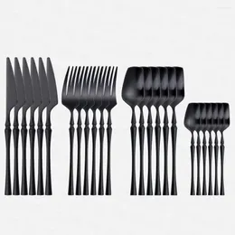 Zestawy naczyń obiadowych 24PCS Matte Western Cutlery Frosted Set Black Stali Filmen Cuithware Nóż Floatware Claseware