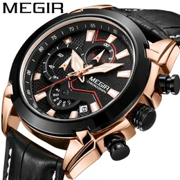 Relógios de pulso MEGIR Brand Multifunction Men's Watch Leather Strap Chronógrafo Quartz Luminous Date Watches Men Relojes Para Hombre
