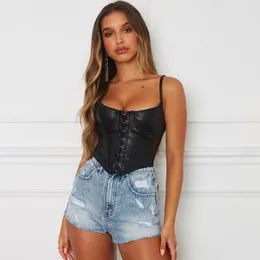 T-shirt sexy nera in pelle PU bustier corsetto corto da donna crop top femminile moda senza maniche cinturino con camicetta clubwear lowcut slim camis