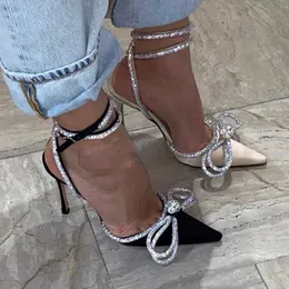 Dress Shoes Rhinestones Pumps Women Crystal Bow-knot Sandals Pointed Toe Silk Fashion Lady High Heels Party Wedding Summer