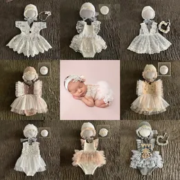 Pośrodek Urodzony Baby Koronka sukienka Pogna Pograph Costume Opaski Hat 1 miesiąc księżniczki Ubrania Props Akcesoria Zestaw dla dziewcząt 230526