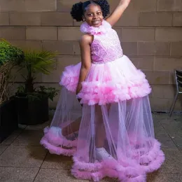 2023 Abiti da ragazza di fiore in pizzo rosa Abito da ballo in tulle con perline senza maniche Tutu Lilttle Abiti da sposa per spettacolo di compleanno per bambini ZJ5162