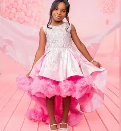 2023 Pink Beaded Flower Girl Dresses A-line Hi-Lo Satin Tiers Tulle Tutu Lilttle Kids Birthday Pageant Weddding Gowns ZJ5145