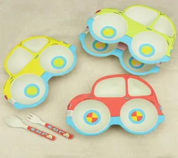 3 PCS Lovely Children039s Set da tavola Baby Kids Cartoon Car Shape Piatto piatto con forchetta cucchiaio Set di stoviglie in fibra di bambù3722276