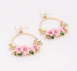 flowers pearl earrings diamonds hoop huggie earrings jewelry women 18K gold plated accessories four colors yellow red purple pink5086590