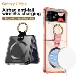 Luxury Magnetic Transparent Plating Vogue Phone Case for Samsung Galaxy Folding Z Flip4 5G Finger Ring Holder Clear Bracket Shell Supporting Wireless Charging