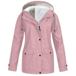 Abrigo de cuero de invierno para mujer, chubasquero con capucha para exterior y lluvia de felpa con bolsillo sólido, chaqueta a prueba de viento, chaqueta para mujer