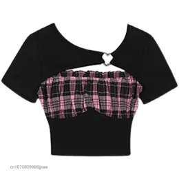 Футболка Женщины Черно-розовая клетчатая футболка летняя сексуальная топ-майки y2k Девушка корейская мода Haruku One Piece Bodysuit Vintage Tee Clothe 2023