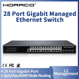 Switches Horaco 28 Porta 1000Mbps Ethernet Switch L2 Gerenciado Gigabit Switcher Hub Splitter Internet QoS/VLAN/IGMP/roteamento estático