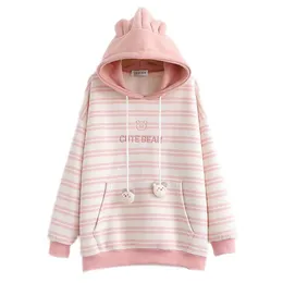 Kvinnors hoodies tröjor kawaii tjock fleece varm söt björn örat överdimensionerade kvinnor huva kvinnlig vinter vintage randig college tröja