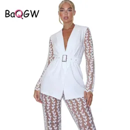 Pants BaQGW Mesh Lace See Through Office Lady Two Piece Set Autum Long Sleeve Jacket Wide Leg Pants Matching Sets Overalls with Belt