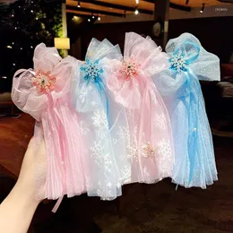 Hair Accessories Ice And Snow Princess Crown Hairpin Snowflake Bow Ribbon Blue Crystal Net Yarn Girls Cute Headdress Duckbill Clip