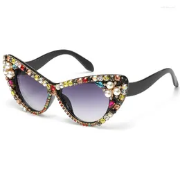 Sunglasses 2023 Diamond Ladies Brand Designer Cat Eye Party Glasses Rhinestone Pearl Decoration Eyewear Gafas De Sol