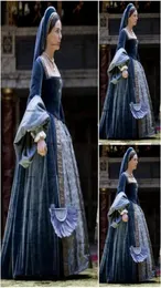 Navy Blue Victorian Gothic Evening Formal Dresses Civil War Southern Velvet Lace Long Sleeve Square Halloween nun Prom Gowns9746957