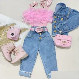 Clothing Sets Girls Summer Outfit Fashion Kid Children Pink Sleeveless Feather Camisole Denim With Pockets 230523 Drop Delivery Baby Dhi0Z