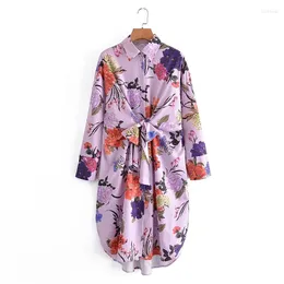 Casual Dresses Merodi Spring Autumn Womens Turn-Down Collar Long Sleeve Purple Dress Girls Fashion Flower Print High midje chic