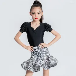 Bühnenkleidung Sommer Latin Dance Kostüm Mädchen Schwarz Top Leopard Röcke Kinder Salsa Tango Chacha Ballsaal Kleidung SL8390