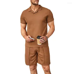 Męskie dresy, swobodny wiosenny odzież sportowa dwuczęściowy zestaw solidny mężczyźni moda lapowa koszulka z krótkim rękawem Top Mid tali