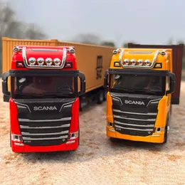 Diecast Model Car 1 50 Scale Diecast Model Truck Toys S730 Tractor With Container Semi-Trailer Pull Back Sound Lights Toys for Children Boys Gifts 230526