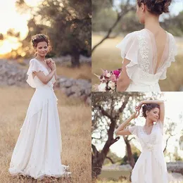 Abiti da sposa stile hippy bohémien economici Abito da sposa a trapezio da spiaggia Abiti da sposa Abito boho in chiffon di pizzo bianco senza schienale