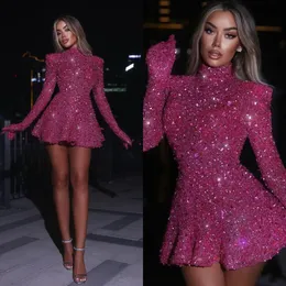 Rosy Pink Glitter Cocktail Dress Long Sleeves High Neck Short prom dresses mini party homecoming Special Occasion dress