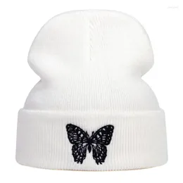 Berets Butterfly Embroidery Beanie Hat Unisex Winter Hats Women Men Solid Autumn Beanies Knitted Skullcap Hip Hop Wool