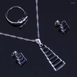 Halsbandörhängen Set Precious Trapezoid Black Cubic Zirconia Silver Plated Pendant Chain Ring V0964