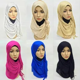 Etniska kläder Solid Color Women Tassles Headscarf Muslim Hijab Islamic Head Wrap Arab Turban Shawls Female Soft Plain Stole Long Scarves