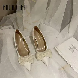 Dress Shoes NIUFUNI Pointed Satin Cloth Stiletto High Heels Slip-On Pearl Bow Wedding Elegant Pumps Pure White Simple Silk Women