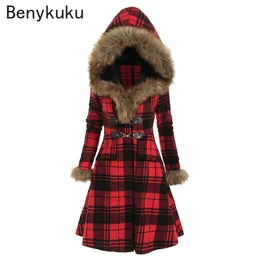 Blends Mit Kapuze Pelzkragen Mäntel Frauen Plaid Jacken Vintage Wollmischung Winter Herbst Woolen Lange Outwear Weibliche Dünne Tunika Streetwear