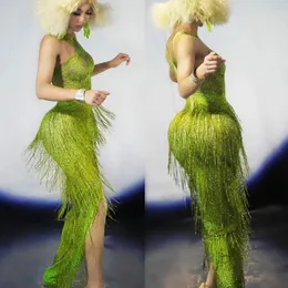 Parti Dekorasyonu Yeşil Püskül Elastik Balo Elbise Rhinestone Dans Kıyafet Giyim Gece Kulübü Göster Uzun Sahne