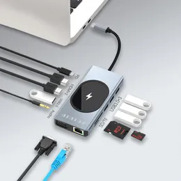 Stacje MST USB C Station Docking z bezprzewodowym ładowaniem podwójnym HDMI+VGA Triple Monitor dla HP Dell XPS Lenovo Asus MacBook M1 Splitter