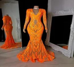 Sparkly Plus Size Prom Dresses 2021 Vneck Long Sleeve Orange Sequined African Black Girls Mermaid Evening Occasion Dress4106000
