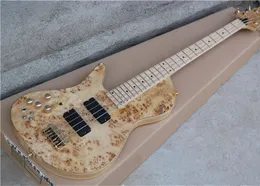 Left Handed 4 Strings Natural Wood Color Electric Bass Guitar Burl Spalted Maple Top One Piece Neck Through Ash Body 9V Battery Active Pickup Maple Fingerboard