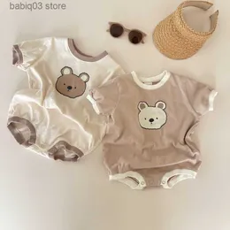 Rompers 2023 Summer Baby Girl Boys Bear Casual Short-Sleeved Bodysuits Jumpsuit Toddler Boy Cotton Cartoon Romper One-Pieces Clothing T230529